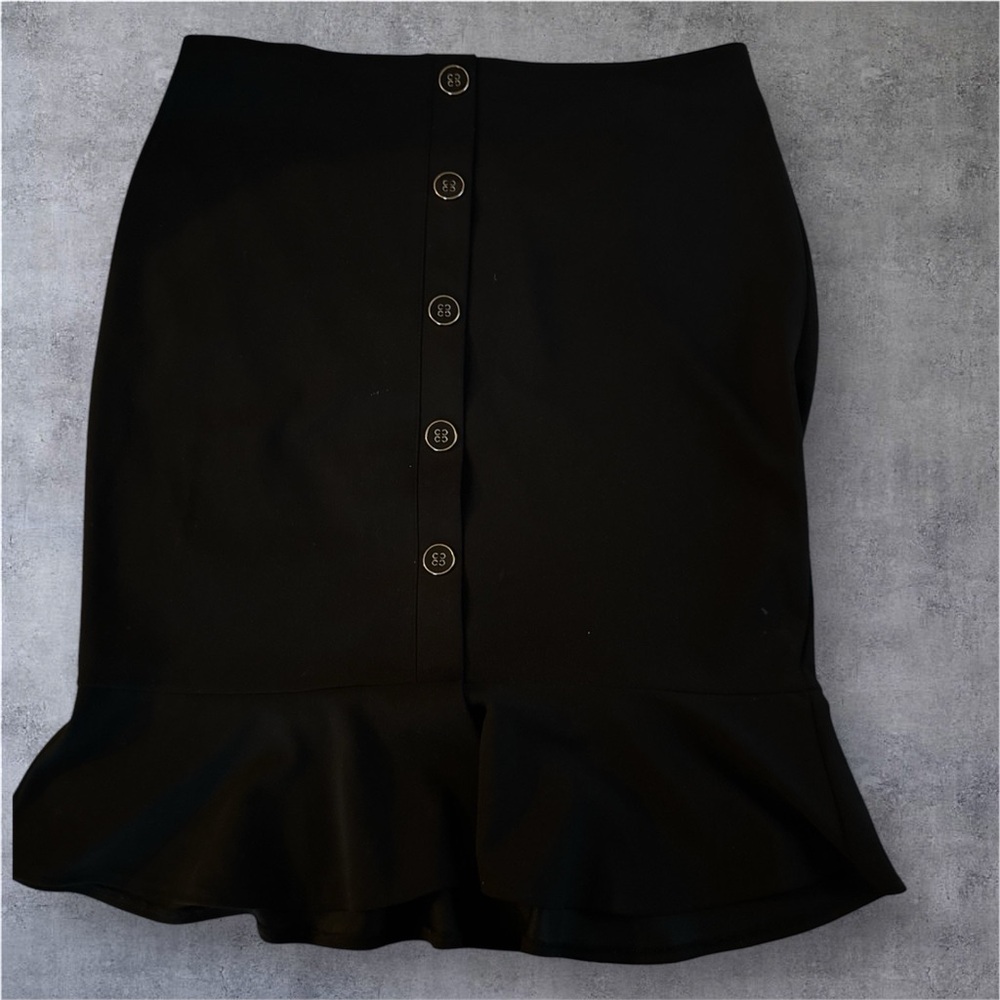 Women's Black Midi Button-Front Ruffle-Hem Skirt